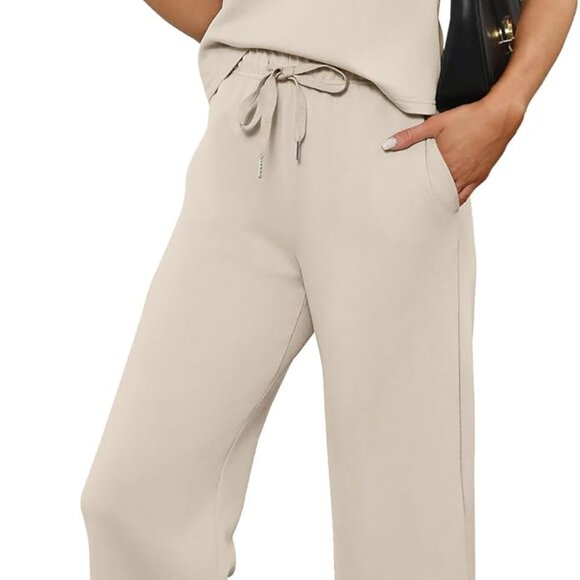 Beige X-large Summer Women's Two Piece Set with Mock Neck and Wide Leg Crop Pant - Picture 1 of 6